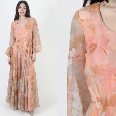 Elegant Long Watercolor Floral Chiffon Maxi Dress, Robert Courtney Designer Flowy Gown, Vintage 70s Poet Sleeve High End Dress 
