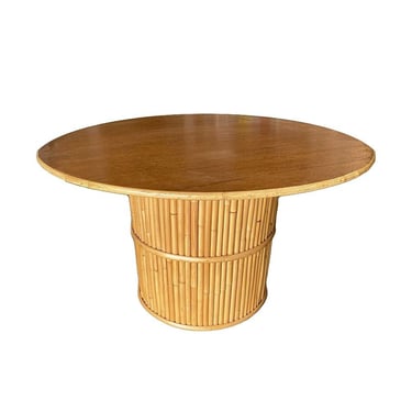 Restored Round Stacked Rattan Pedestal Dining Table Mahogany Top 