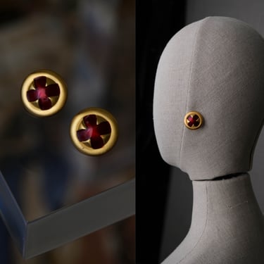 Vintage 80s ANNE KLEIN Signed Gold & Red Enamel Round X Shaped Pierced Stud Earrings | Statement Piece, Donna Karan | 1980s Designer Jewelry 