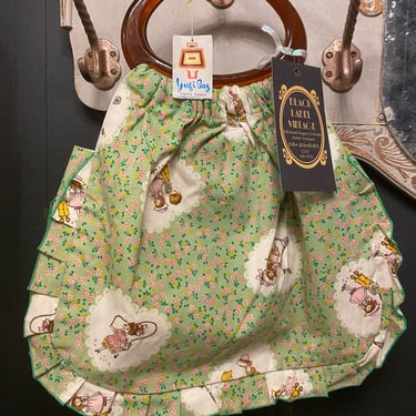 vintage 1970s novelty print purse, green cotton handbag, holly hobby style cottagecore deadstock yufi bag 