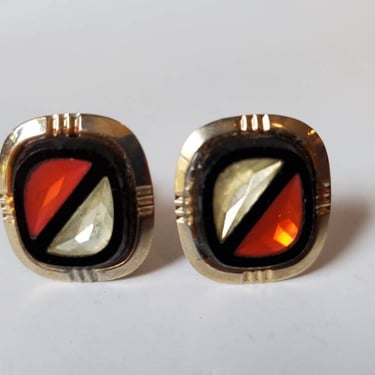 Men's vintage cufflinks gold tone with black onyx and orange stone, 1960's 