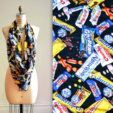 90s Vintage Nicole Miller Silk Large Scarf with Junk Food Candy Chocolate Butter Fingers Pop Art 