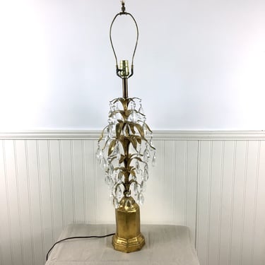 Florentine gold leaves and chandelier crystal lamp - 1960s vintage 