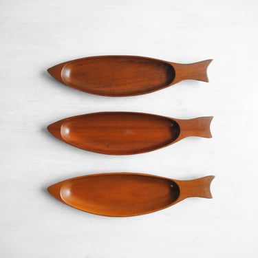 Vintage Set of Wood Fish Bowls, Wooden Fish Trays 