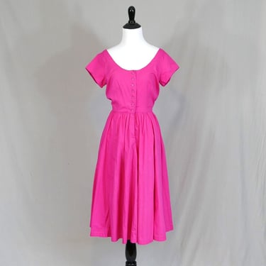 80s Dark Pink Dress - Full Skirt, Short Sleeves - Woven Cotton 50s style Summer Dress - New Mints - Vintage 1980s - S 