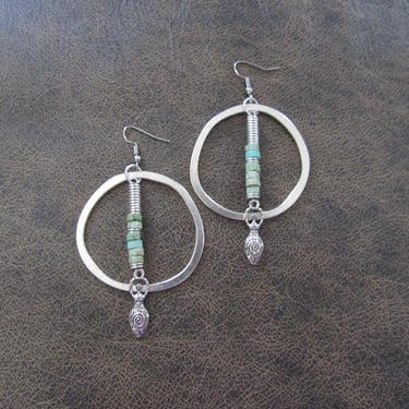 Goddess earrings, rustic boho earrings, artisan ethnic hoop earrings, turquoise earrings 