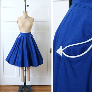 vintage repro 1950s style western cowgirl skirt • bright electric blue polished cotton full cut twirl skirt 