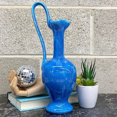 Vintage Vase Retro 1960s Mid Century Modern + Ceramic + Blue + White + Purple + Drip Glaze + Pitcher Style + MCM Home + Bookshelf Decor 