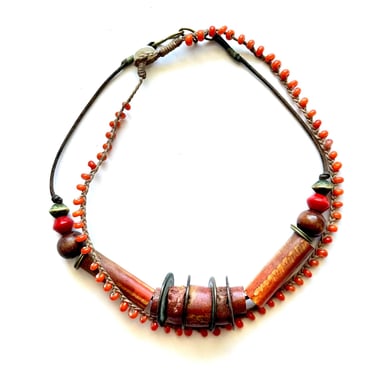 Vintage 70s Boho Choker Asian Coin Necklace 1970s Beaded Wood Hippie Jewelry 