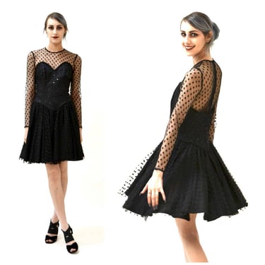 80s 90s Vintage Black Dress Size Small Medium Polka dot dress with Crinoline Skirt // 90s Black Illusion Party Dress 