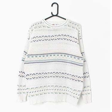 Vintage white knitted cotton jumper with yellow, green and blue patterns. Made in the USA - Medium 