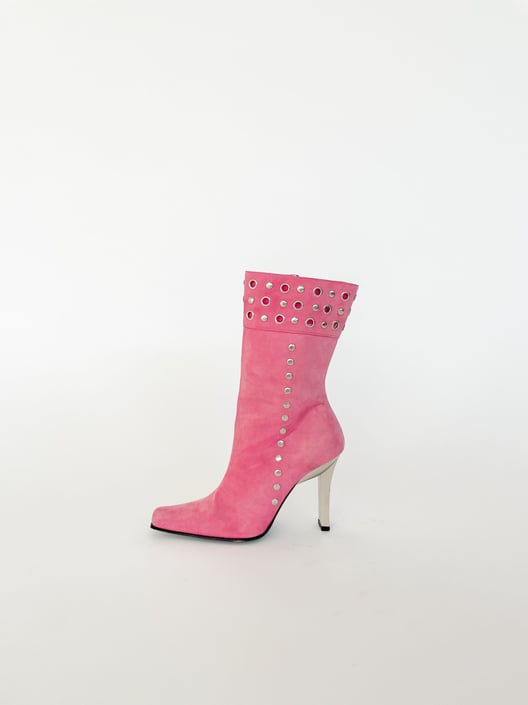 Pink Suede Chrome Heel  Boots (6.5-7)
