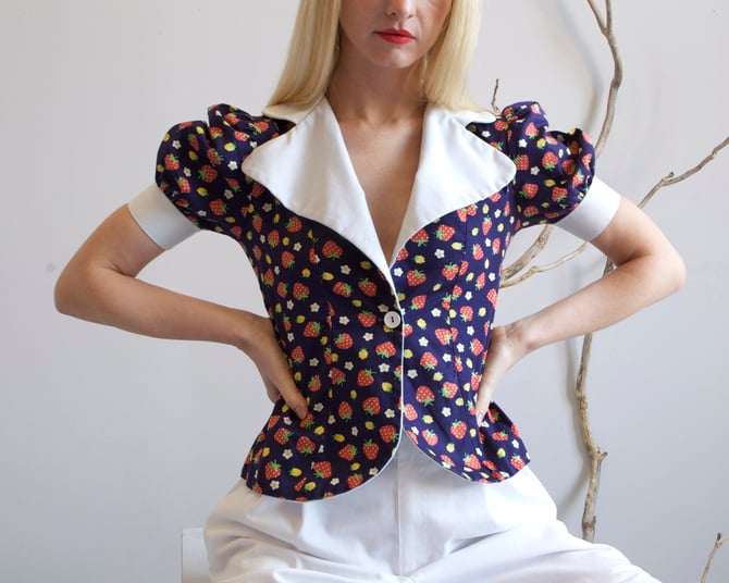 60s floral cotton puff sleeve top jacket / sz 12 