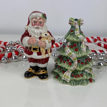 Vintage Santa Claus holding puppy & Christmas tree Fitz and Floyd salt and pepper shakers set, Puppy Santa Christmas, vintage Christmas Tree 