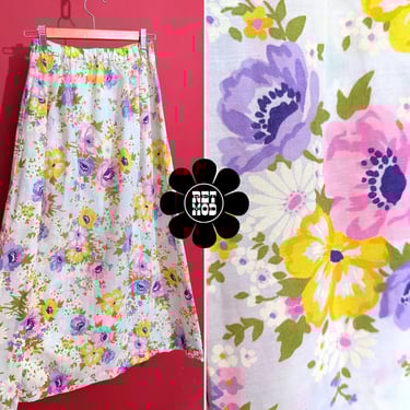 Beautiful Vintage 60s 70s Pastel Pink Purple Yellow Floral on White Maxi Skirt with Pockets 