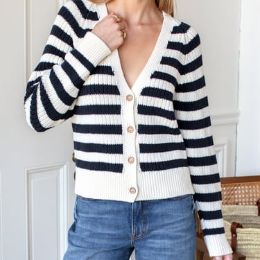 LOW V NECK CARDIGAN - Navy French Stripe Organic