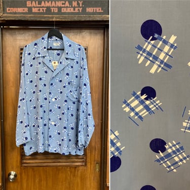 Vintage 1950’s Size XL Atomic Pattern Silky Rayon PJ Pajama Top MCM Rockabilly Shirt, 50’s Vintage Clothing 