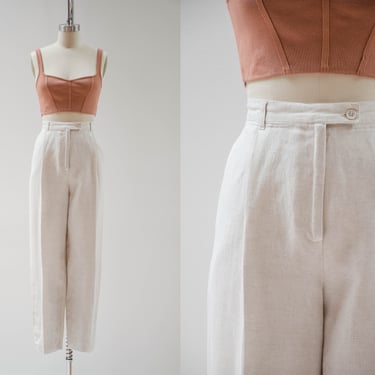 high waisted pants | 80s 90s plus size vintage oatmeal beige linen academia style pleated trousers 