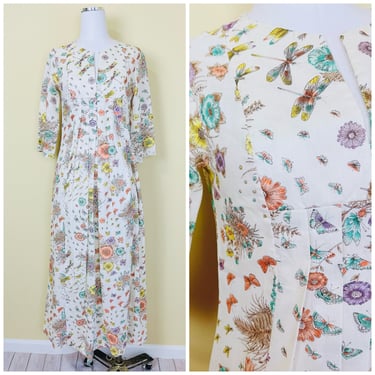 1970s Vintage Cotton Butterfly Print Maxi Dress / 70s / Seventies Floral Flared Sleeve Peasant Dress / Size Small - Medium 