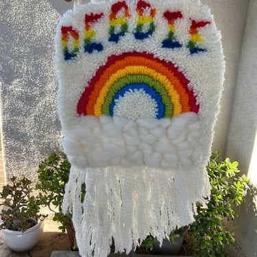 Vintage funky macramé wall hanging Debbie and rainbow theme size 17” x 31” 