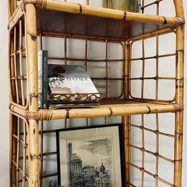 Italian Mid Century Bamboo Etagere with 4 Shelves | Open Shelving Bamboo Rattan Wicker Boho | Vintage Wood Bookshelf Bookshelves Display 
