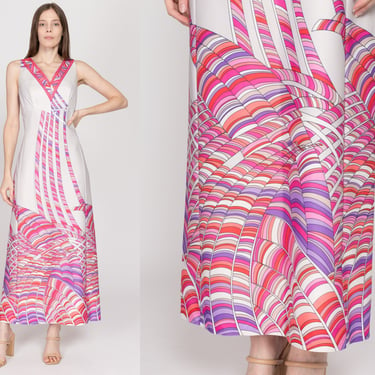 Med-Lrg 70s Psychedelic White & Pink Abstract Print Maxi Dress | Vintage Sleeveless Boho A Line Empire Waist Dress 