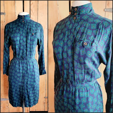 Vintage 80s Liz Claiborne Button Down Dress Green Blue Print 
