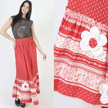 Long Cottagecore Embroidered Applique Floral Skirt, High Waisted Full A Line Fit, Red Cotton Prairie Maxi Outfit 