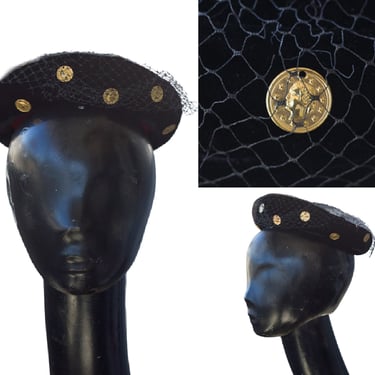 1950s Black Pillbox Hat with Coin Decorations 