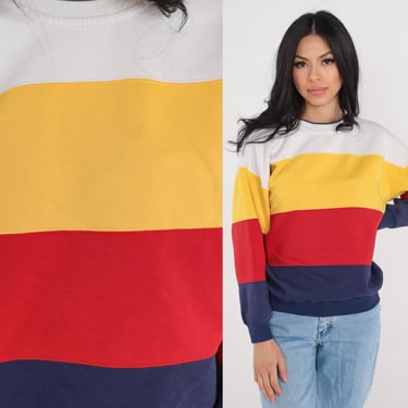 90s Striped Sweatshirt Retro Pullover Crewneck Sweater White Red Yellow Blue Color Block Athleisure Primary Color Vintage 1990s Medium M 