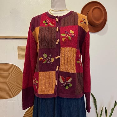 Vintage 90s Fall Fruit Patchwork Chunky Knit Wooden Button Cardigan Sweater 