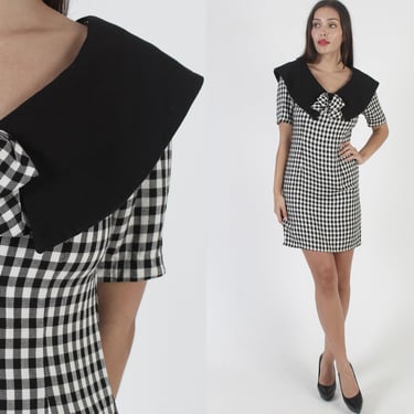 1950s Black And White Plaid Mini Dress, Vintage Retro MCM Printed Outfit, Wide Sailor Roll Collar, Form Fitting Secretary Dress 