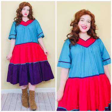 1990s Vintage Cotton Blue and Pink Color Block Lounge Dress / 90s Colorful Tiered Patio Dress / Size 1X 