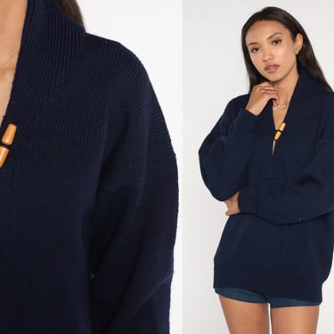 Navy Wool Sweater 60s Knit Toggle Button Blue Pullover Sweater Retro Plain Simple V Neck Minimalist Knitwear I Magnin Vintage 1960s Medium 