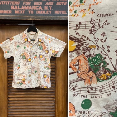 Vintage 1940’s Cartoon Music Note Old Timey Songs Cotton Print Rockabilly Shirt, 40’s Vintage Clothing 