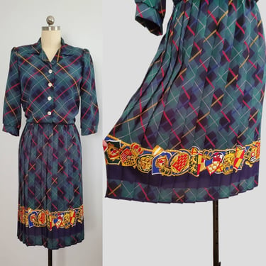 1980s Plaid Dress with Royal Coat of Arms Trim by Breli Originals - 80s Dresses - 80s Women's Vintage Size Large/XL 