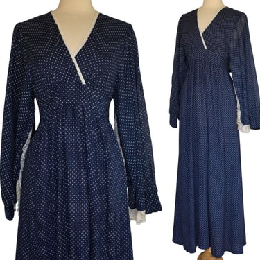 Vintage 70s Statement Sleeve Maxi Dress, Navy Blue and White Dot Print, Lace Trimmed, Size S to M, Small to Medium 