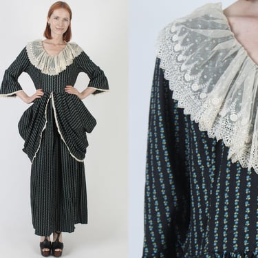 Old Fashion Colonial Print Ball Gown, Vintage Country Western Maxi Dress, Wide Lace Bell Sleeves, Historical Period Antebellum Outfit 