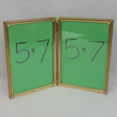 Vintage Hinged Double Picture Frame - Decorative Edges & Corners - Gold Tone Metal w/ Glass - Holds Two 5