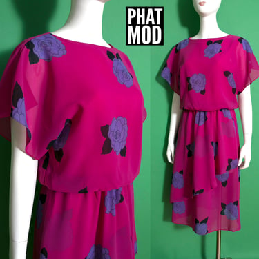 Pretty Vintage 80s Fuchsia Pink & Purple Flower Dress by Melissa Lane 