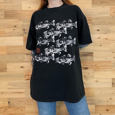 90's Vintage Faded Black Arise Fish Print Tee Shirt T-Shirt 