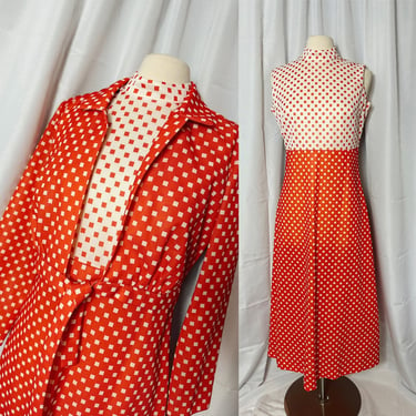 Mod 1960s/ 70s Red and White Polyester Jerrie Lurie Dress Set 