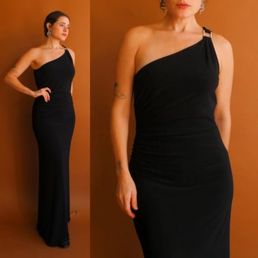 Vintage 90s 00s Black One Shoulder Maxi Dress with Ruching/ Size Small Medium 