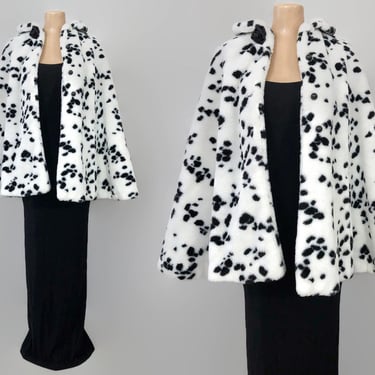 VINTAGE 80s Handmade Faux Fur Black and White Dalmation Cape Jacket | 1980s Fun Fur Cruella Deville Capelet Coat | VFG 