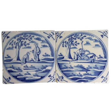 Antique Set of Two Dutch Delft Blue and White Pottery Square Figural Tiles 