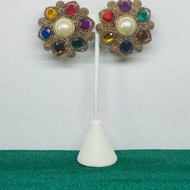 Rainbow Rhinestone Clip On Earrings with Faux Pearl Center
