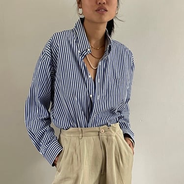 90s pinstripe cotton shirt / vintage french blue pinstripe cotton oversized boyfriend button down shirt | Extra Large 