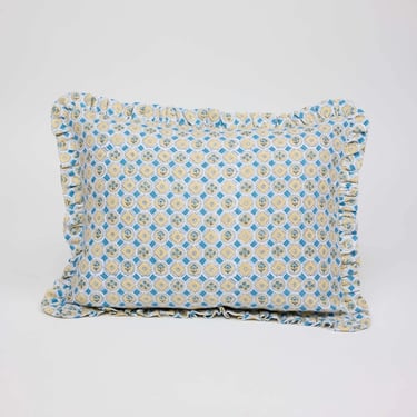 Block Printed Ruffled Pillow in Blue Blooms