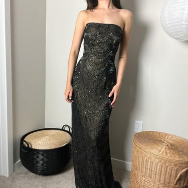 y2k 90s vintage black fully beaded strapless lace up corset maxi dress formal gown by je matadi by sean mehta 