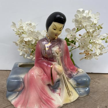 Vintage Asian Woman Planter, Includes Flower Frog, Seated Woman Holding A Mandolin Like Instrument, Meditative, Pensive, Contemplative 